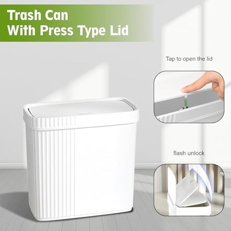 يوجولي سلة مهملات صغيرة للحمام مع غطاء، سلة مهملات بلاستيكية رفيعة للمطبخ، غرفة الغسيل، المكتب، غرفة الاطفال، المسكن، ابيض، 2.4 جالون، عبوتان - Image 4